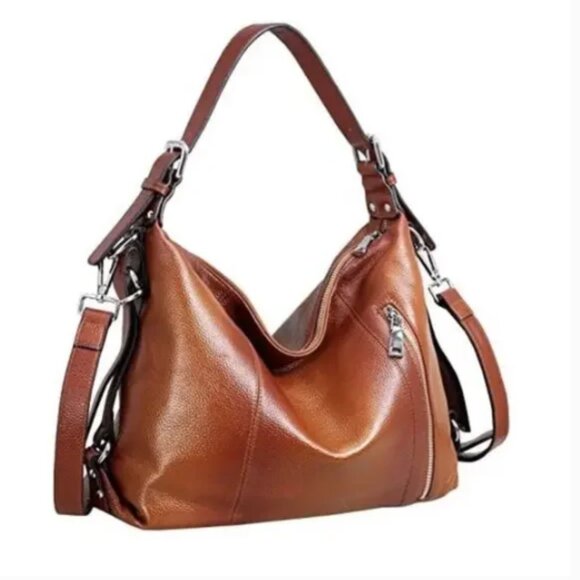 Heshe Genuine Pepple Grain Leather Tote Shoulder Bag Satchel Purse Tan Brown - Picture 1 of 15
